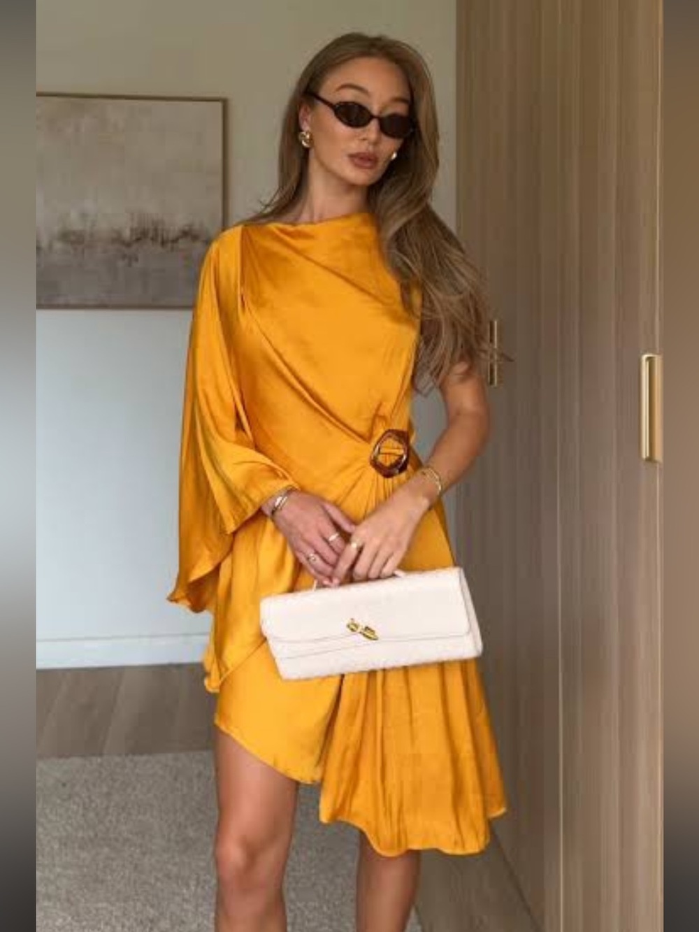 Zara One-Shoulder Asymmetrical Satin Dress in Mustard